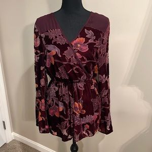Floral Burnt-Out Velvet Semi Sheer V-Neck Long Sleeve Tunic Blouse